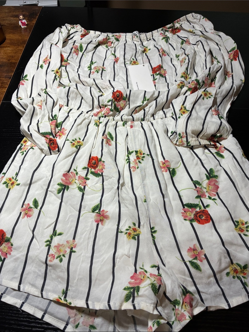 Women's White Striped Floral Off-Shoulder Romper
